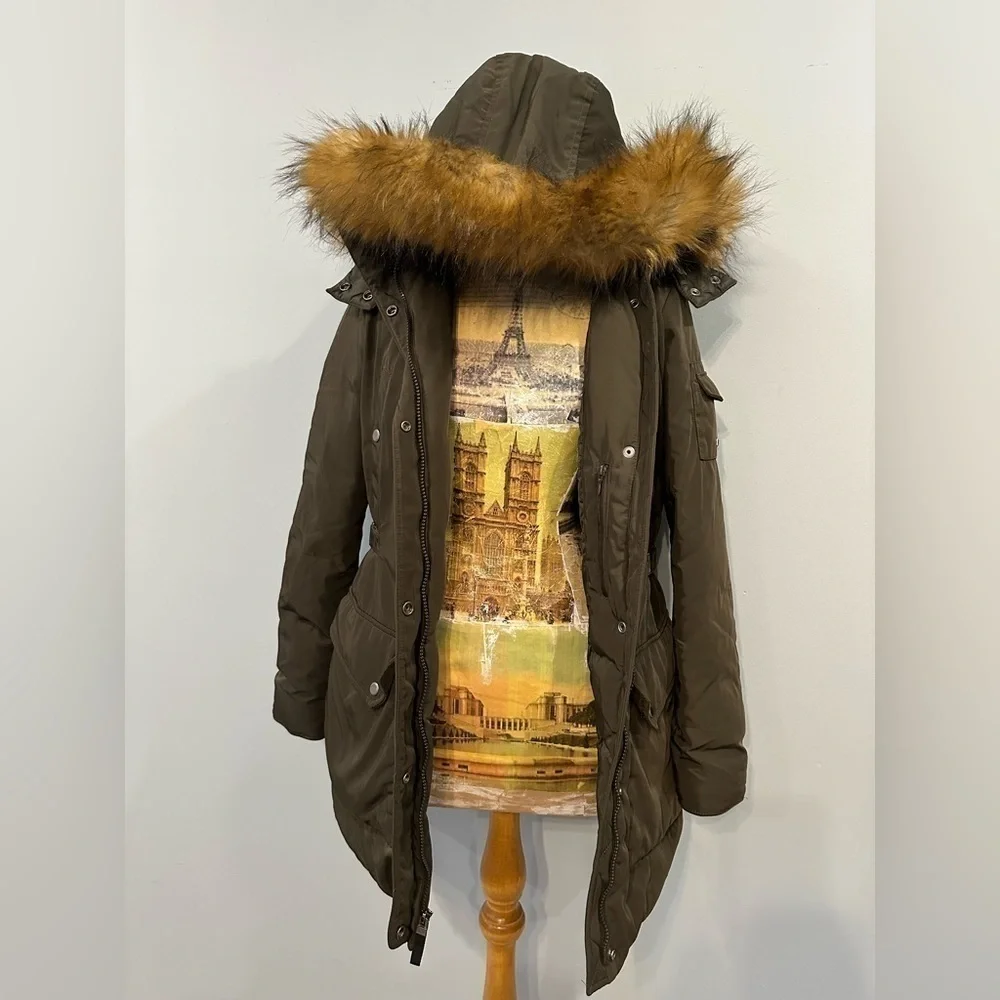 Andrew Marc New York Full Zip Faux Fur Down Feather Hooded Olive Puffer Coat - Picture 4 of 9